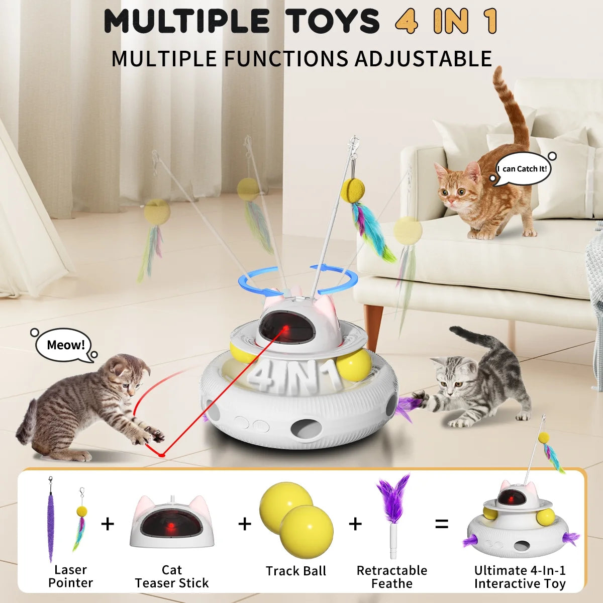 4-in-1 Interactive Cat Toy – Laser, Wand, Track Balls & Kicker