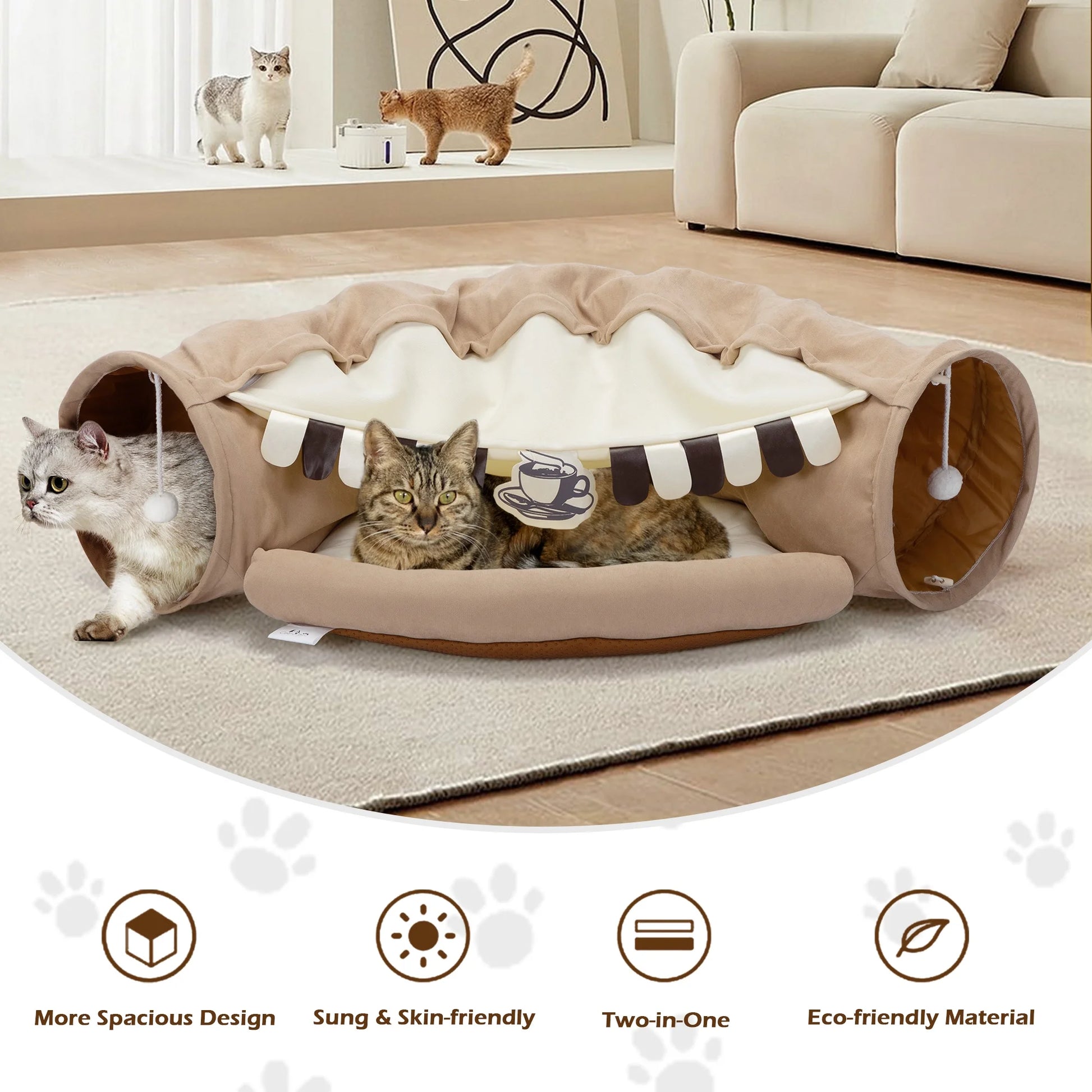 2-in-1 Cat Tunnel Bed – Collapsible & Washable (Coffee)