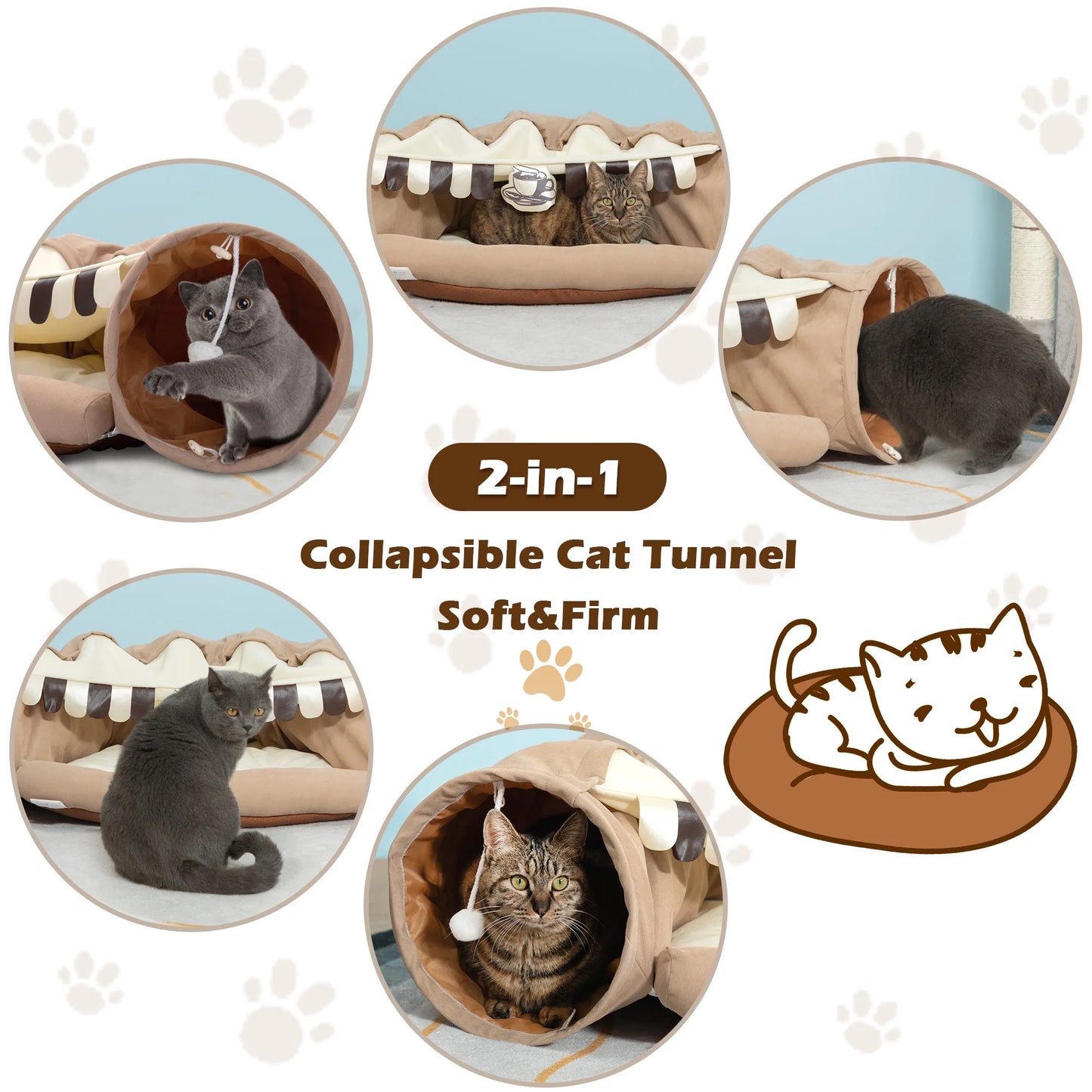 2-in-1 Cat Tunnel Bed – Collapsible & Washable (Coffee)