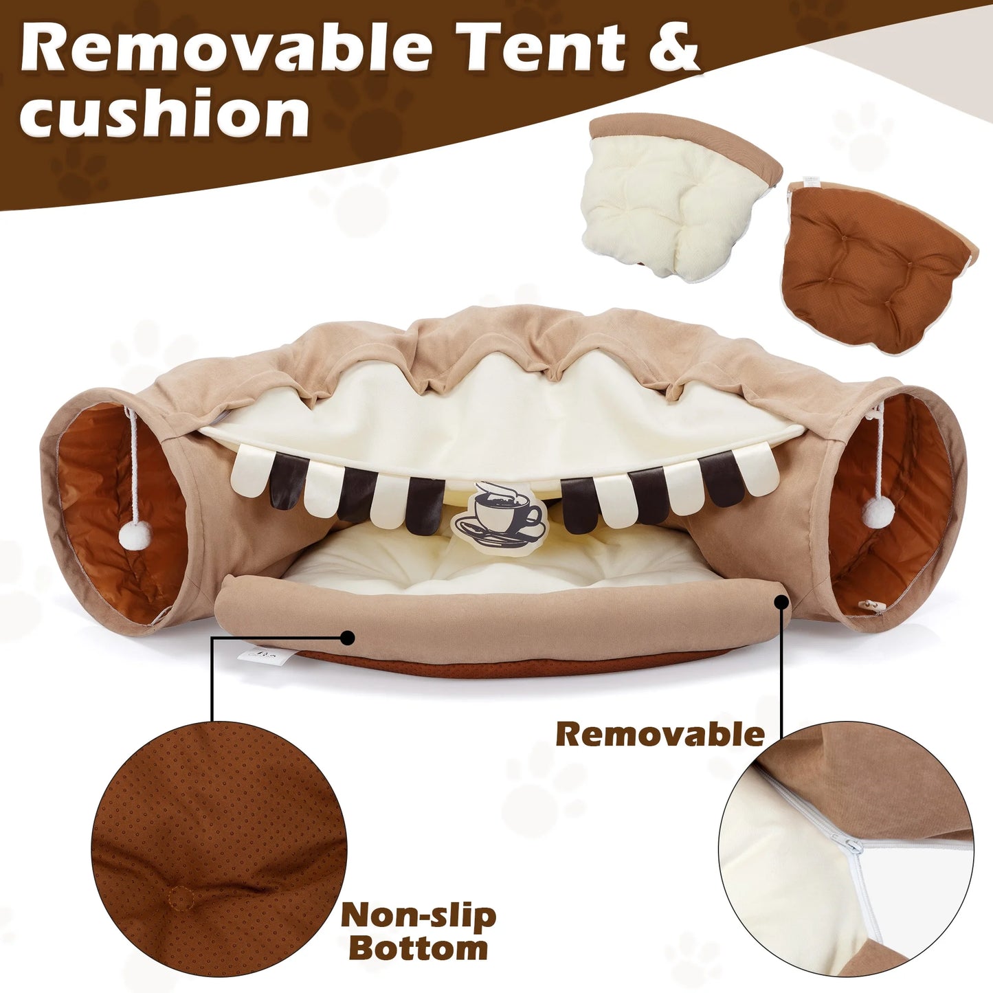 2-in-1 Cat Tunnel Bed – Collapsible & Washable (Coffee)