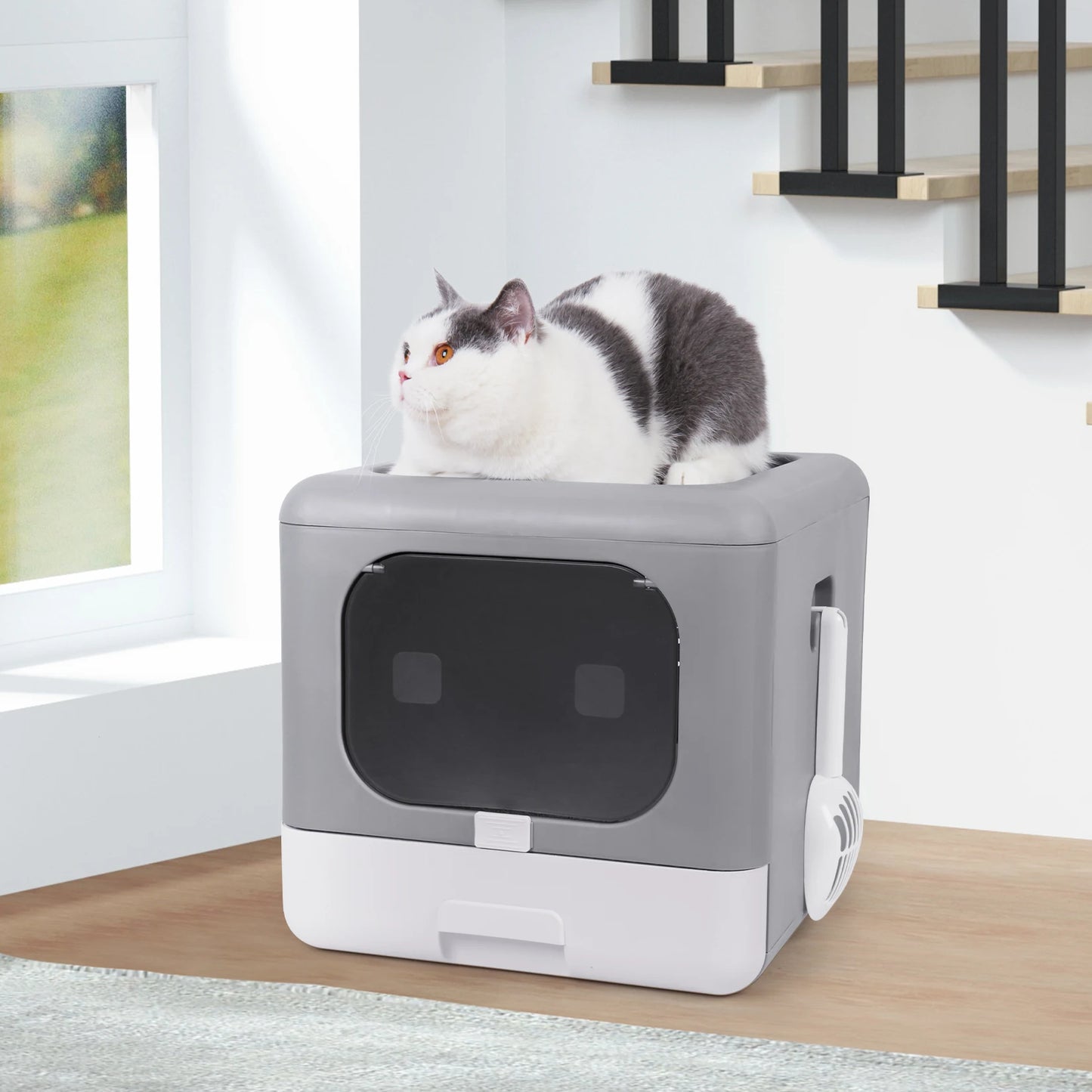 Foldable Top Entry Cat Litter Box – With Scoop & Drawer