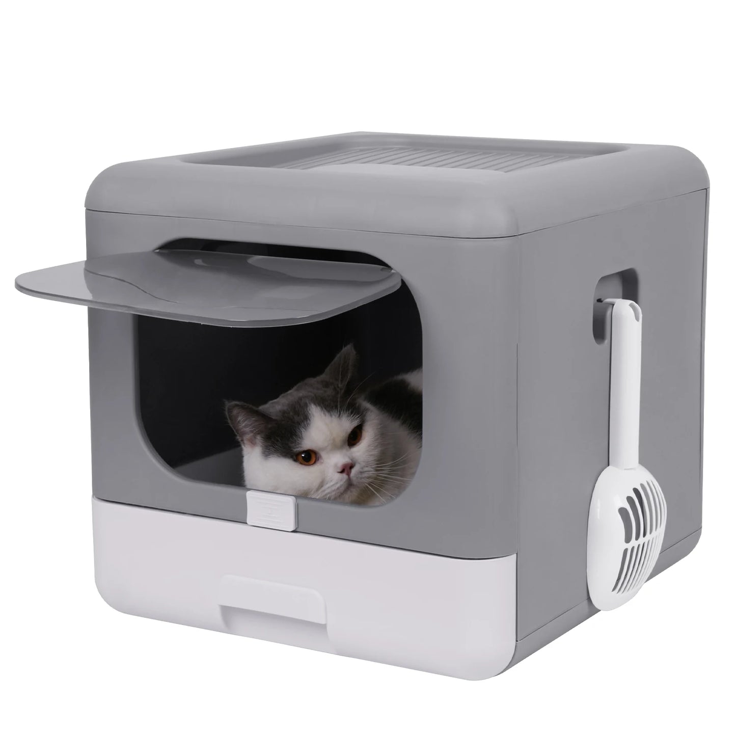 Foldable Top Entry Cat Litter Box – With Scoop & Drawer