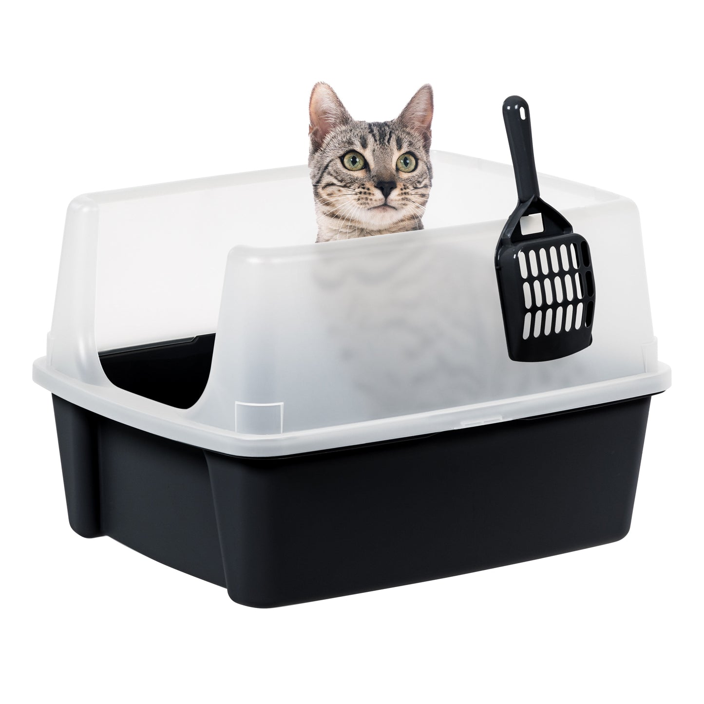 High-Sided Open Top Cat Litter Box – Black with Scoop