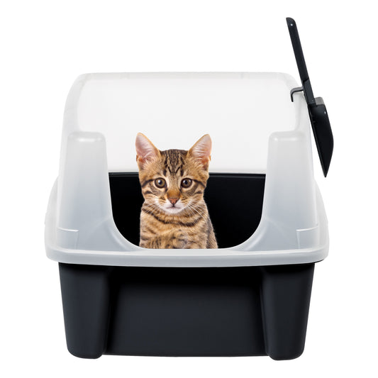 High-Sided Open Top Cat Litter Box – Black with Scoop