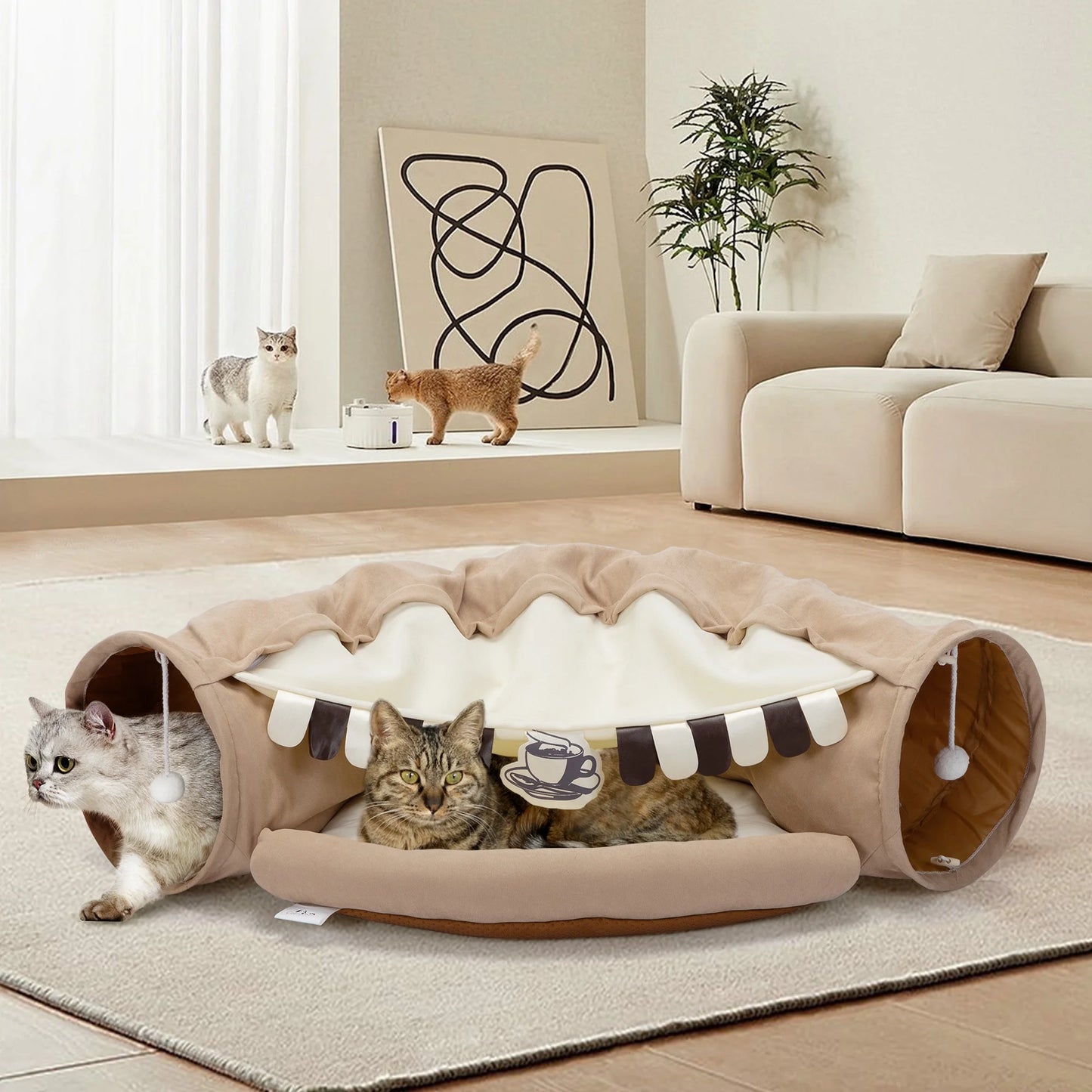 2-in-1 Cat Tunnel Bed – Collapsible & Washable (Coffee)