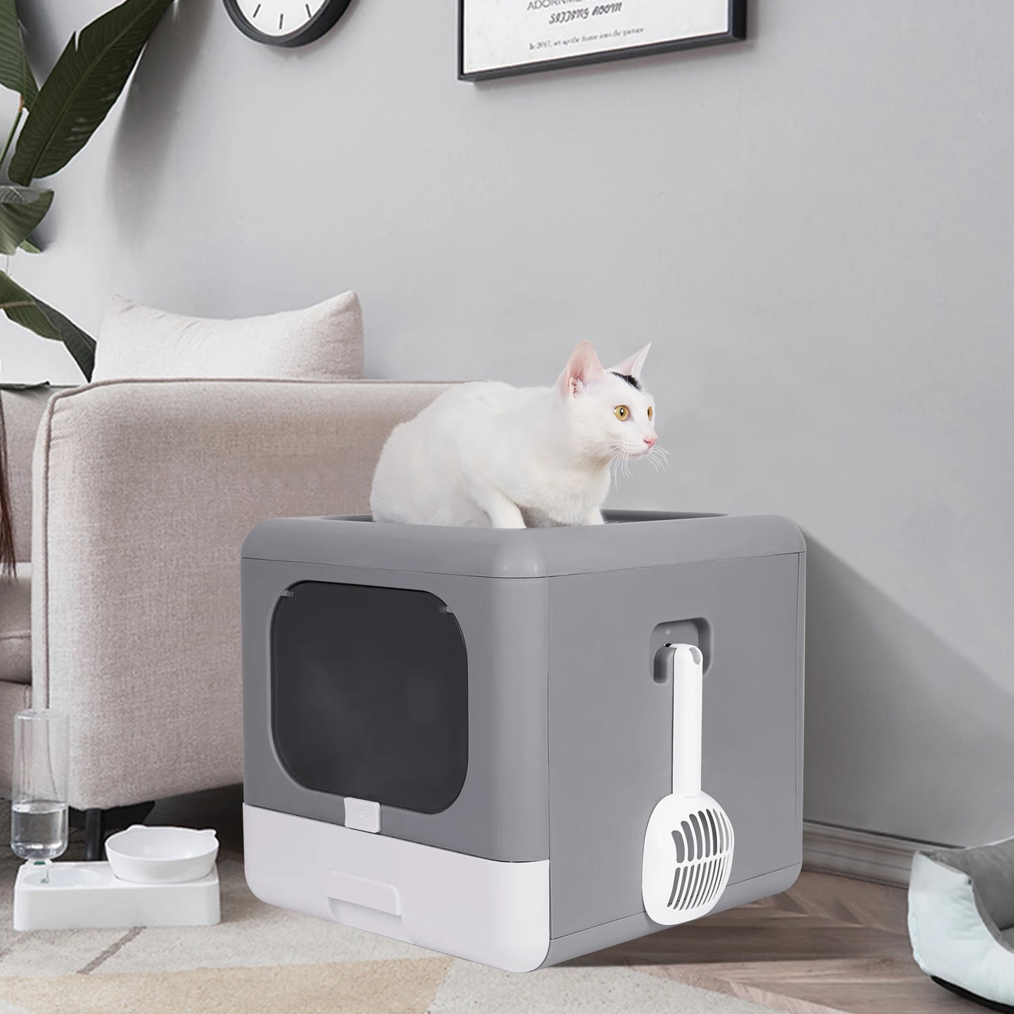 Foldable Top Entry Cat Litter Box – With Scoop & Drawer